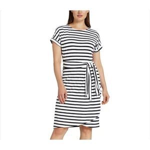 CHAPS Women's Crewneck Stretch Knit Dress Sash Belt Black White Stripe, Size M